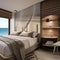 A coastal, beachfront bedroom with driftwood furniture, seashell decor, and panoramic sea views4