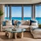 A coastal, beachfront living room with driftwood furniture, sea glass decor, and panoramic ocean views4, Generative AI