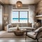 A coastal beachfront living room with sandy tones, driftwood accents, and sea-inspired decor1