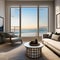 A coastal, beachfront living room with white-washed wood, panoramic windows, and beach-themed decor2