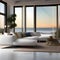 A coastal, beachfront living room with white-washed wood, panoramic windows, and beach-themed decor5