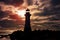 Coastal beacon, ocean backdrop Lighthouses silhouette graces serene seaside