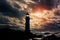 Coastal beacon, ocean backdrop Lighthouses silhouette graces serene seaside