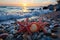 Coastal beauty, duo of starfish grace sandy beach at mesmerizing sunset