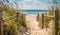 Coastal Charm: Wooden Fence on the Beach with Dune Grass in the Foreground