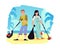 Coastal cleaning banner with volunteers on beach, flat vector illustration.
