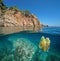 Coastal cliff with jellyfish underwater sea