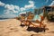 Coastal comfort Beach chairs on sandy shore beneath sunny blue sky and clouds