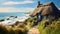 A coastal cottage with a thatched roof, overlooking a sandy beach.
