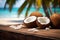 Coastal elegance Wooden table with coconut on a tropical beach