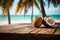 Coastal elegance Wooden table with coconut on a tropical beach