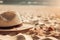 Coastal escape still life with seashells, starfish, and a hat on a sandy beach