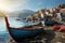 Coastal fishing village with colorful boats and. Generative ai