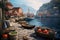 Coastal fishing village with colorful boats and. Generative ai