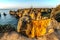 Coastal golden cliffs at sunrise in Ponta da Piedade near Lagos,Portugal.Spectacular rock formations with caves, grottoes and sea