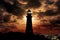 Coastal guardian Lighthouse silhouette frames the tranquil, sea kissed scenery