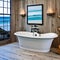 A coastal-inspired bathroom with whitewashed wood paneling, seashell decor, and a clawfoot bathtub for a beachy retreat4, Genera