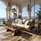 Coastal-inspired porch with wooden swing and white slipcovered cushion