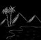 Coastal landscape with palm trees and dunes, drawn in white on a black background