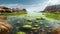 Coastal landscape with primitive ancient lifeforms and green algae. Generative AI