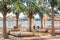 Coastal landscape - view of the beach umbrellas and loungers