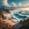 Coastal landscape with waves breaking against a sandy beach 