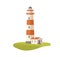 Coastal lighthouse. Nautical light house. Maritime navigation beacon. Seaside security tower. Sea port building. Colored