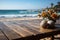 Coastal product backdrop Blurred beach complements wood decks versatile display potential
