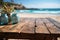 Coastal product backdrop Blurred beach complements wood decks versatile display potential