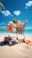 Coastal retail adventure Beach cart, white sand, and summer shopping delights