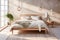 Coastal Scandinavian Elegance: Light-Toned Wooden Bed Frame with Clean Design