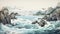 coastal scene with crashing waves, rocky cliffs, and seagulls soaring in the sky, japanese art style landscape by AI generated