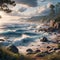 Coastal scene with waves breaking against a rocky shoreline, h