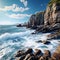 coastal scene with waves breaking against a rocky shoreline k