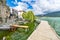 Coastal scene with wooden walkway from Ohrid and the Lake Ohrid