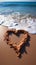 Coastal sentiment Heart drawn on beach sand, embraced by rolling wave backdrop