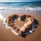 Coastal sentiment Heart drawn on beach sand, embraced by rolling wave backdrop