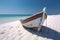 Coastal serenity, Weathered boat rests on white sand, amid azure sea