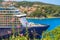 Coastal summer landscape - view of the blooming malva on the background of cruise ship, port of Dubrovnik