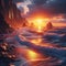 Coastal sunset scene with waves reflecting the warm colors oft