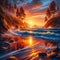 Coastal sunset scene with waves reflecting the warm colors, po