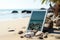 Coastal tech Close up on digital tablet with a captivating beach setting