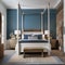 A coastal-themed bedroom featuring a canopy bed, sea-blue walls, nautical decor, and driftwood accents2