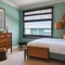 A coastal-themed guest room with seafoam green walls and nautical accents1, Generative AI