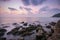 Coastal twilight scene, Long Exposure of rocks and waves at suns