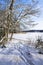 Coastal view of The Dagmar park in winter, trees on the shore and foot prints in the snow, Kallviken, Raseborg, Finland