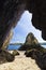 Coastal view looking out onto the bay at Porthwen from a natural cavern formation, Isle of Anglesey