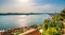 Coastal view of Sibenik old city, Croatia. Cathedral of St James, adriatic sea with island in background. Summer weather, aerial