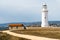 A coastal well known lighthouse inside of Paphos Archaeological Park on the island Cyprus, near town Paphos