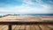 Coastal wooden table with panoramic summer sea view.